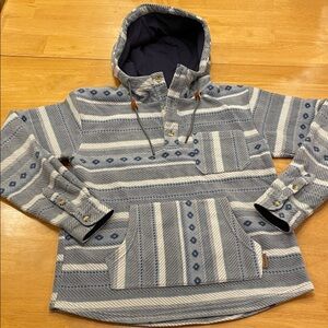 Levitate Baja Striped Aztec Blue White Hood Pullover Fleece Hoodie Youth Medium